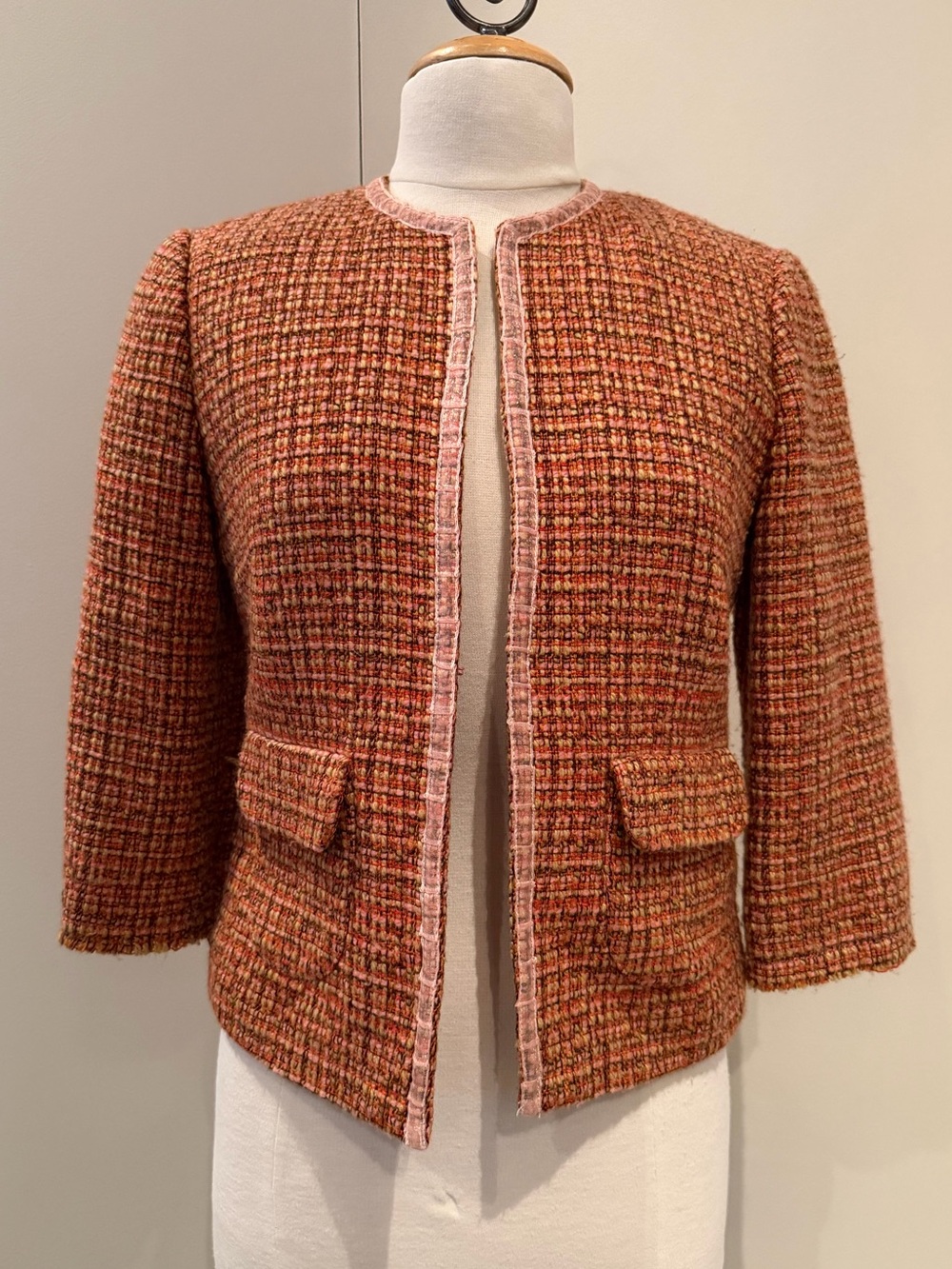 DKNY Pink-Trim Tweed Collarless Blazer
